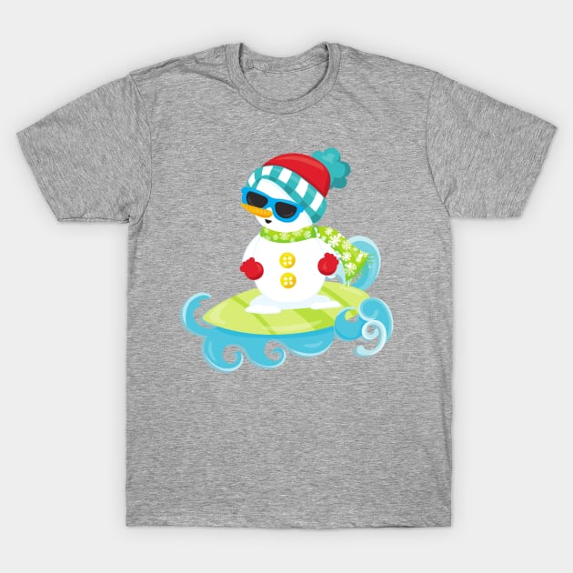 Christmas Snowman, Carrot Nose, Surfing Board, Hat T-Shirt by Jelena Dunčević